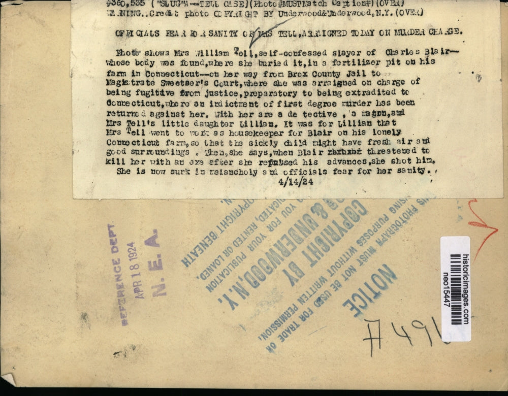 1924 Press Photo Mrs. William Tell, Slayer of Charles Blair, Becomes Melancholy