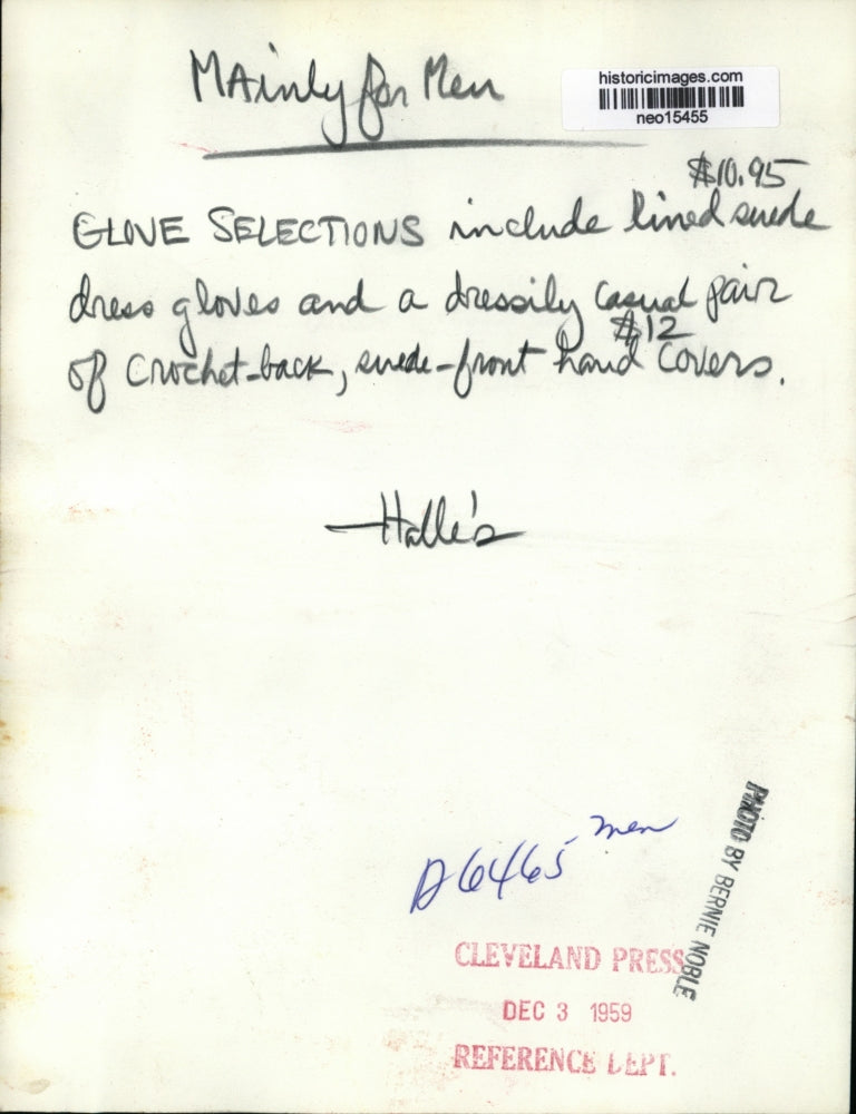 1959 Press Photo Mainly Men's Gloves: Lined Suede, Crochet-Back, and Suede-Front