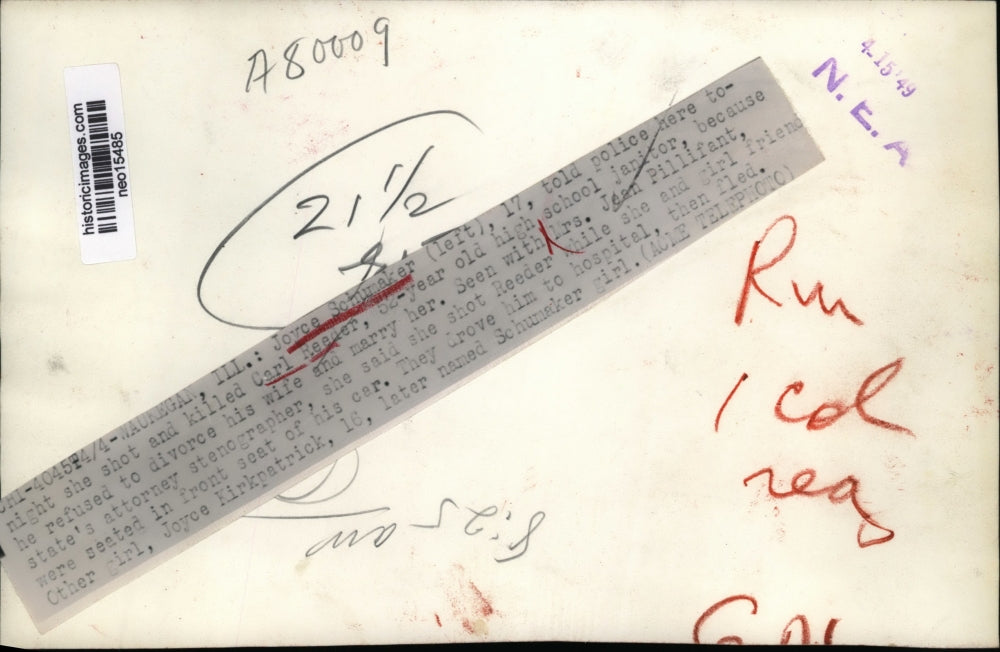 1949 Press Photo Joyce Schumaker Confesses to Shooting Janitor Carl Reeder Dead