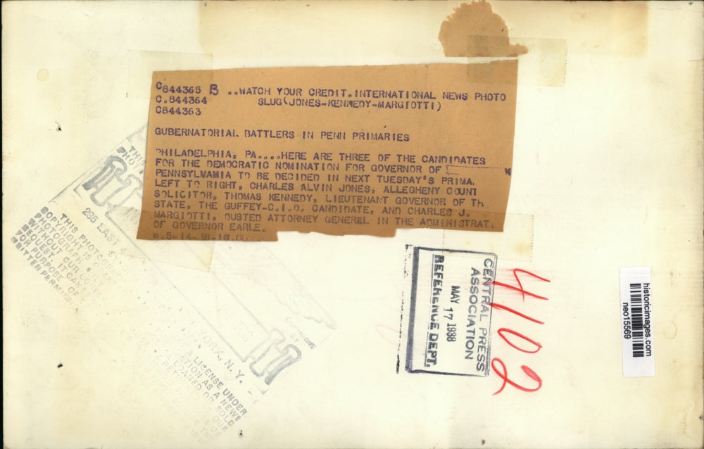 1938 Press Photo Charles Jones,Thomas Kennedy, Charles Margiotti Gov. Candidates