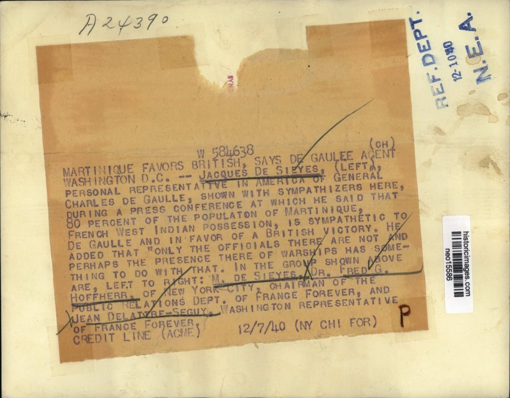 1940 Press Photo Jacques de Sieyes Representative of Charles de Gualle in DC