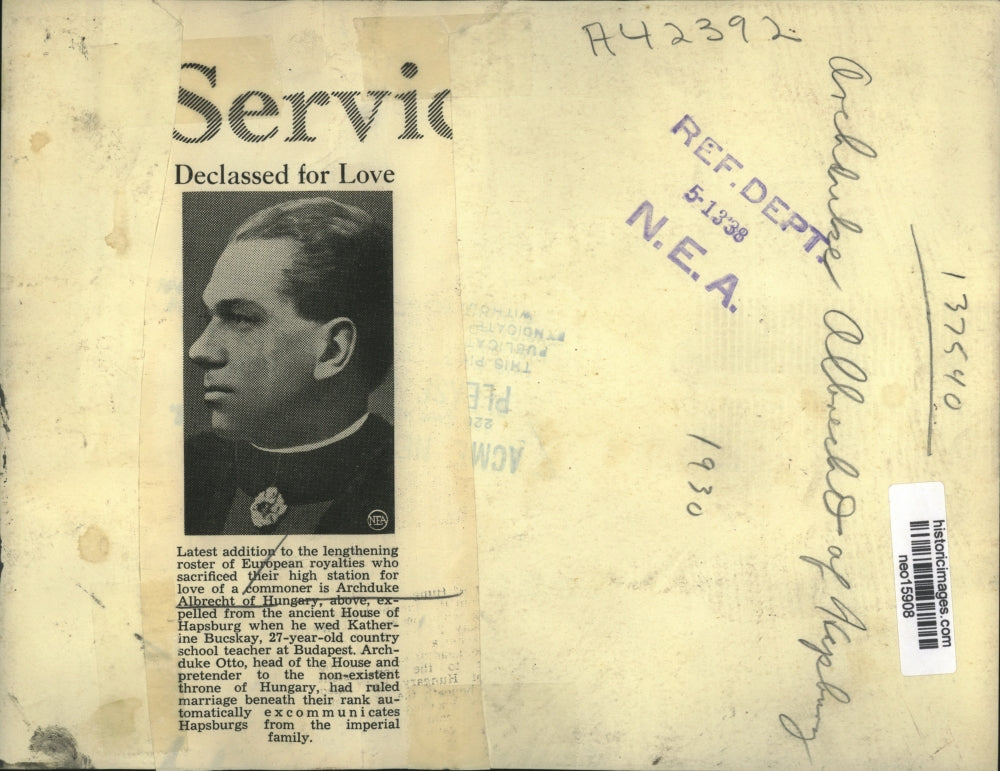 1938 Press Photo Archduke Albrecht of Hungary Expelled for Marrying a Commoner