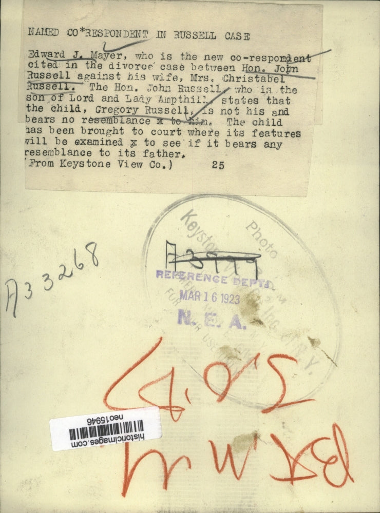 1923 Press Photo Edward J. Mayer named Co-respondent in Hon. John Russell case