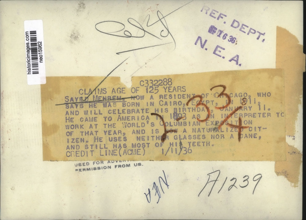 1936 Press Photo Sayed Mehrem of Chicago & Cairo, Egypt, Claims Age 125