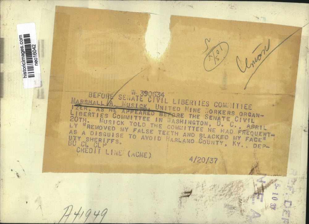 1937 Press Photo Marshall A. Musick Before Senate Civil Liberties Committee