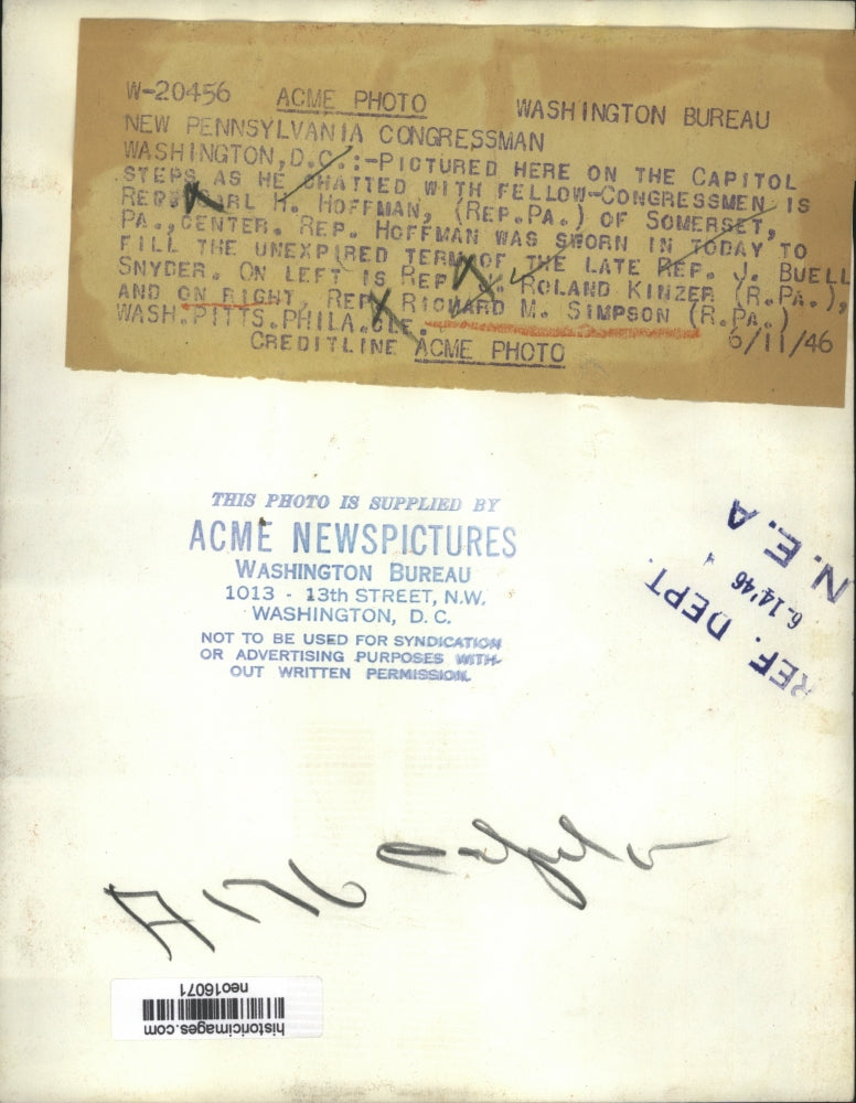 1946 Press Photo Representative Carl Hoffman of PA in Washington for Swearing-in