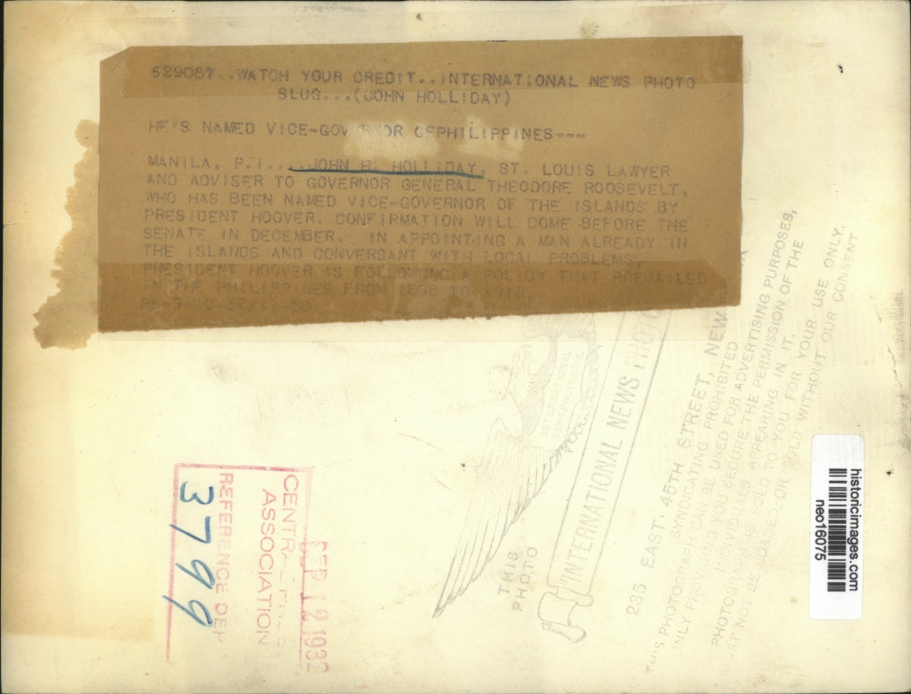 1932 Press Photo John H Holliday Vice Governor of the Philippines - neo16075