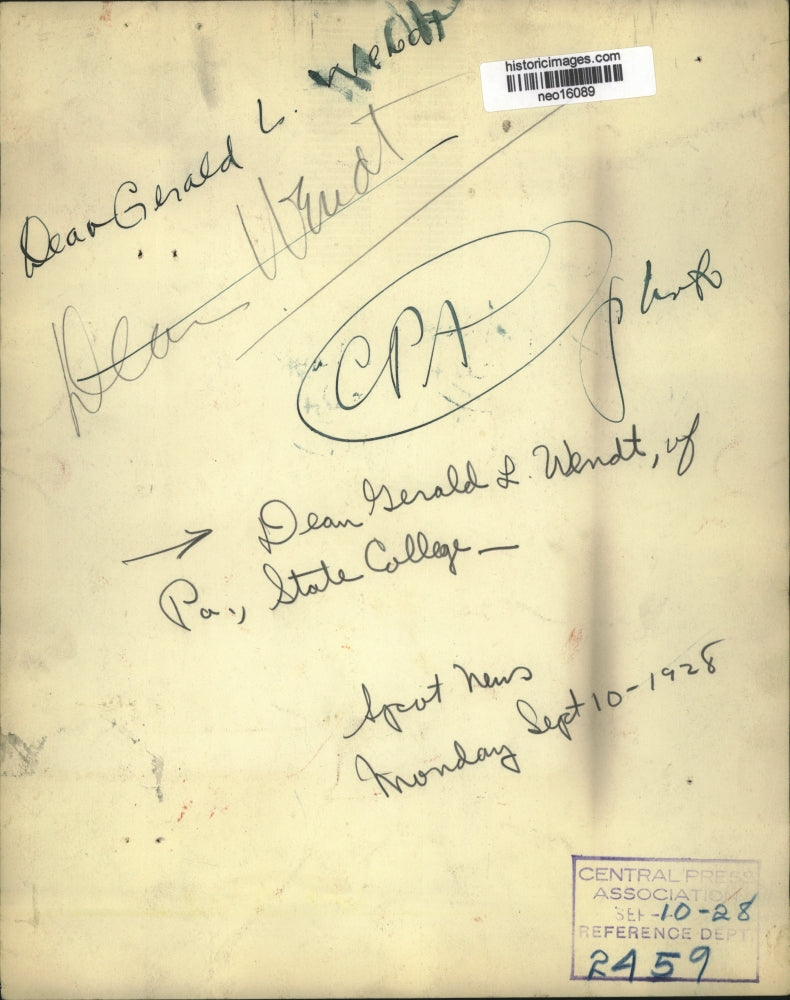 1928 Press Photo Dean Gerald Wendt of Pennsylvania State College - neo16089