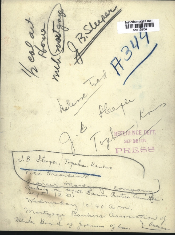 1928 Press Photo J.B. Sleeper of Topeka, Kansas, VP Pioneer Mortgage Company