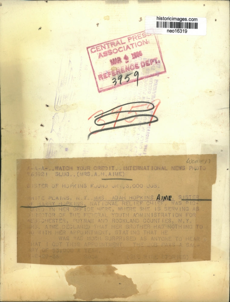 1935 Press Photo Mrs Ada Hopkins Aime sister of Harry Hopkins Relief Chief