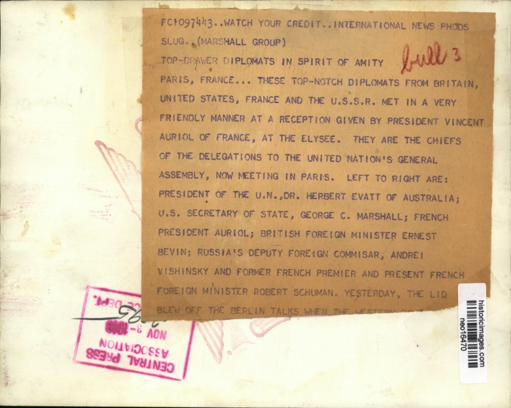 1948 Press Photo Herbert Evatt of Australia at Paris meeting with George Marshal