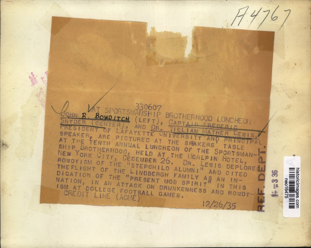 1935 Press Photo Sportsmanship lunch John Bowditch, Capt Frederick Snyder