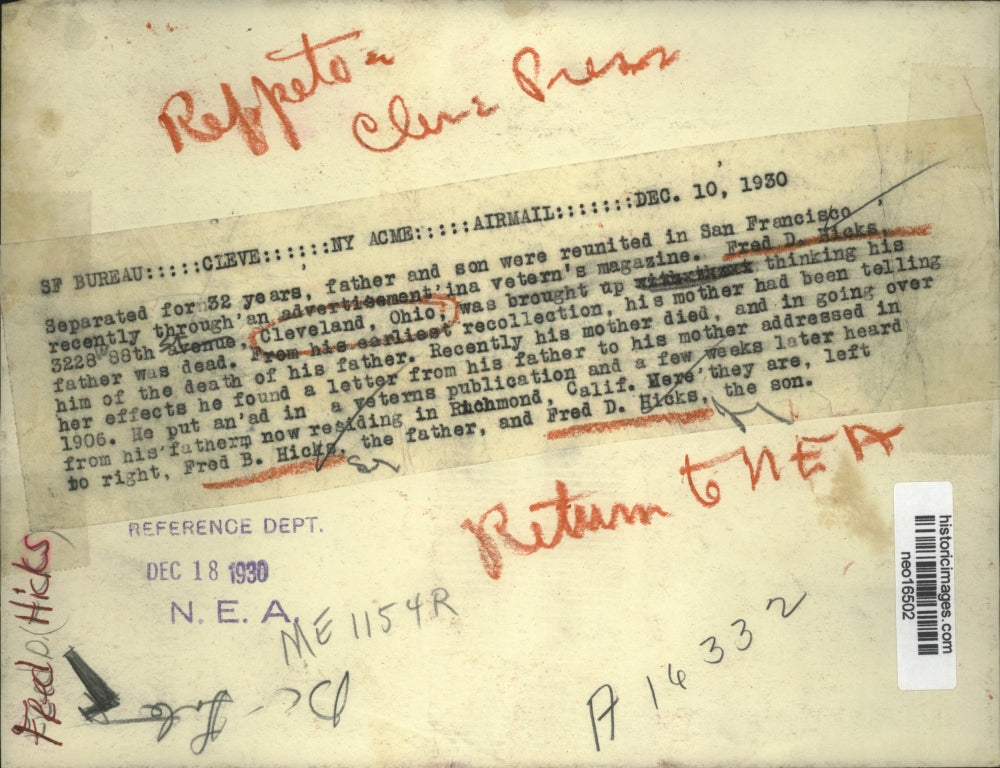 1930 Press Photo Fred B. Hicks & Son Fred D. Hicks, Reunited in San Francisco