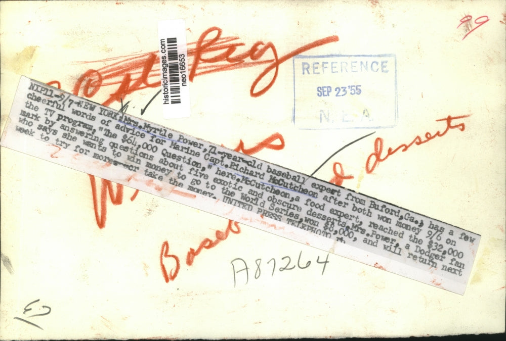 1955 Press Photo Myrtle Power & Marine Capt. Richard McCutcheon after game show