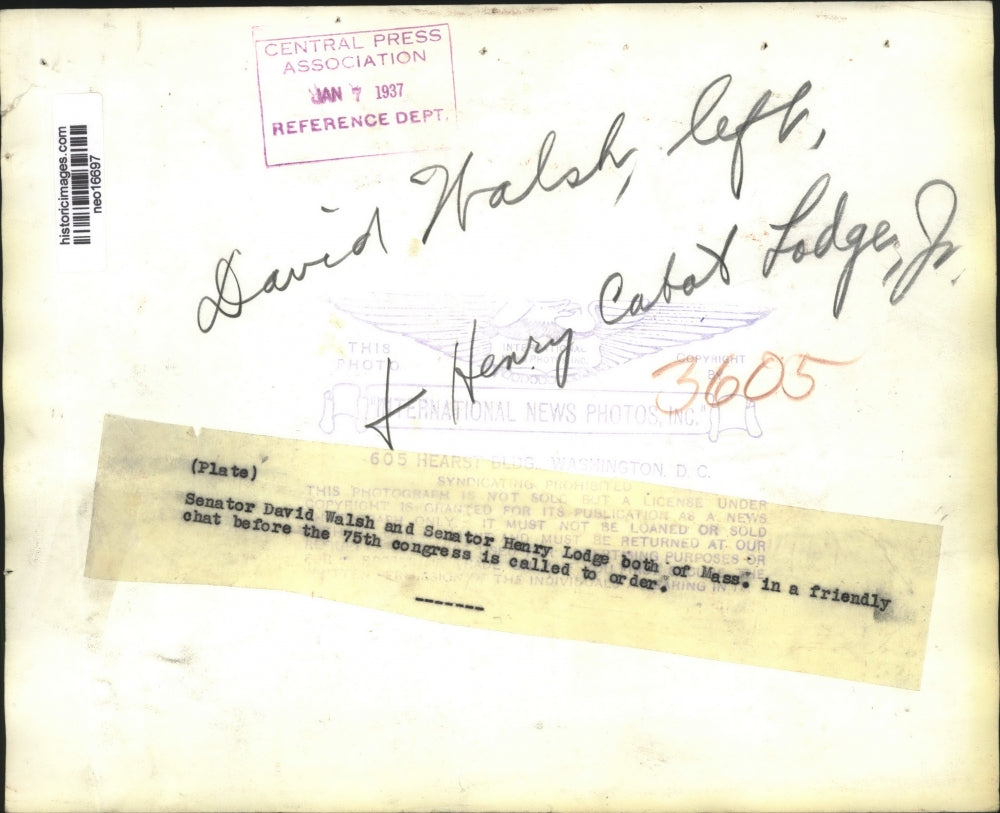 1937 Press Photo Senators David Walsh, HenryCabot Lodge at 75th Congress