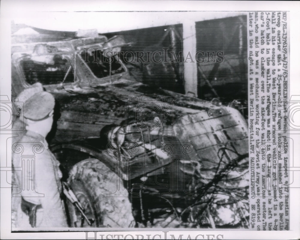 1963 Press Photo East German Police Inspect Wrecked Russian Army Troop Carrier