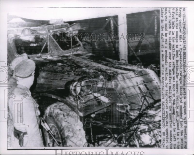 Load image into Gallery viewer, 1963 Press Photo East German Police Inspect Wrecked Russian Army Troop Carrier
