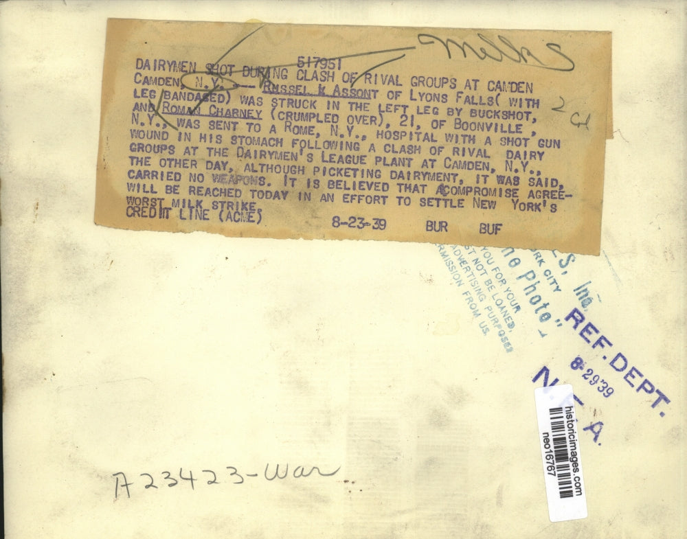 1939 Press Photo Russell Assont of Lyon Falls, New York Shot in Dairy Strike