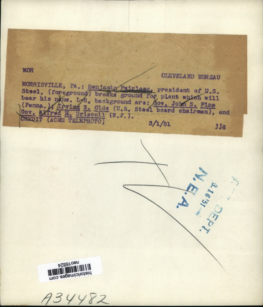 1951 Press Photo Benjamin Fairless US Steel Breaks Ground for Morrisville Plant