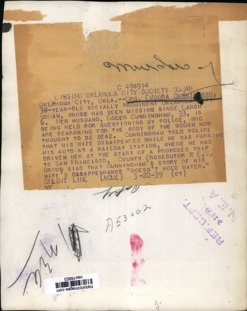 1939 Press Photo Mrs. Eudora Cunningham, Missing 30-Year-Old Oklahoman