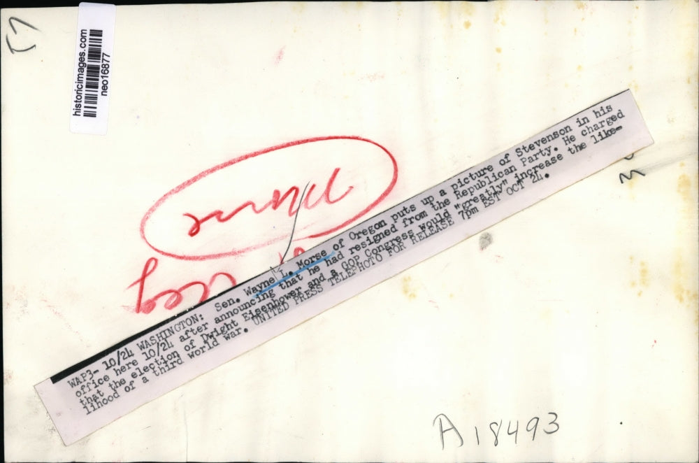 Press Photo Senator Wayne L Morse Puts up Adlai Stevenson after Resignation