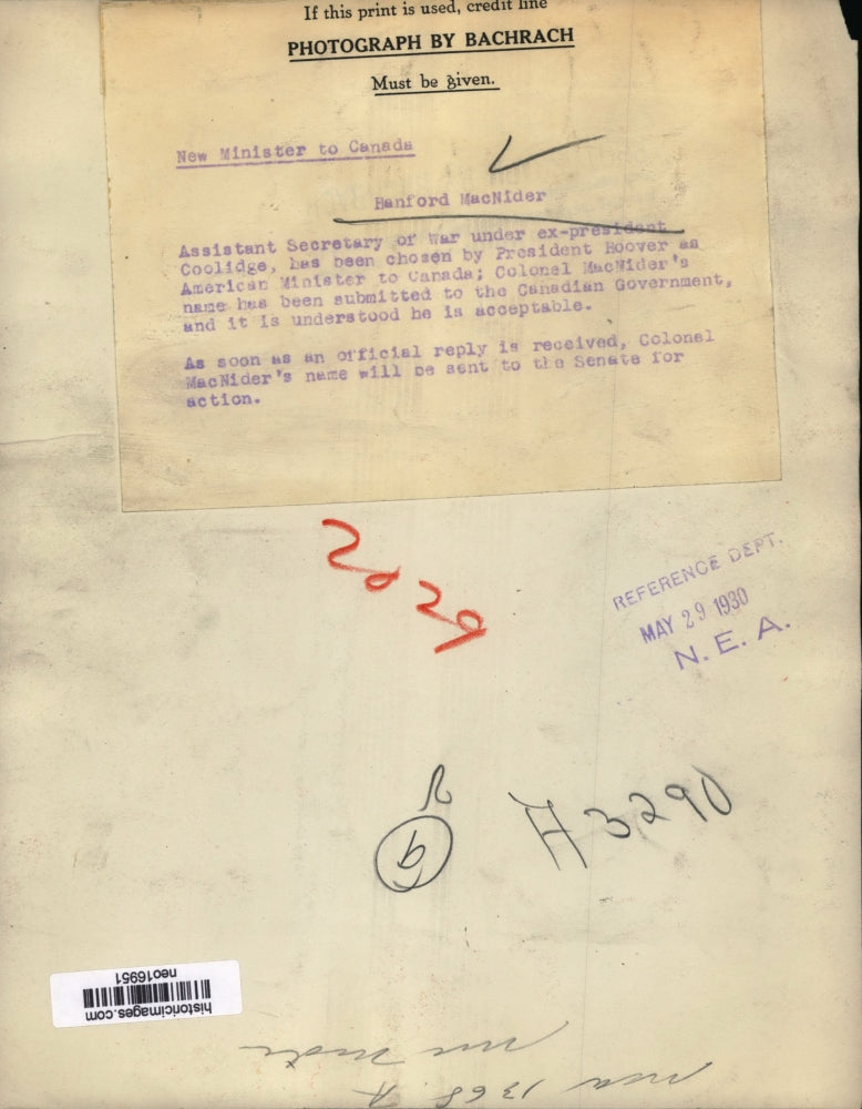 1930 Press Photo New American Minister to Canada, Banford MacNider - neo16951