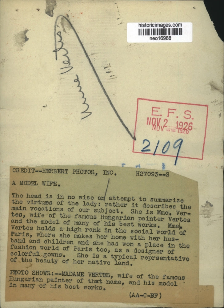 1926 Press Photo Mme. Vertes of Paris, Wife of Hungarian Painter Vertes