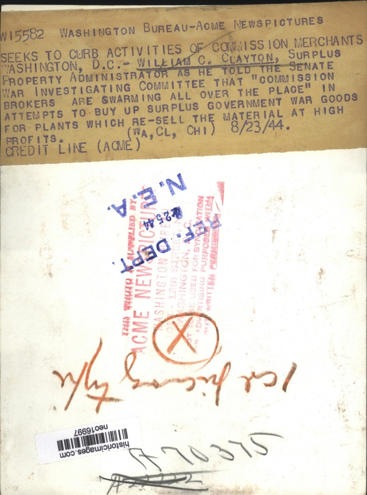 1944 Press Photo Cilliam C. Clayton Seeks to Curb Merchants' Sales of War Mat.