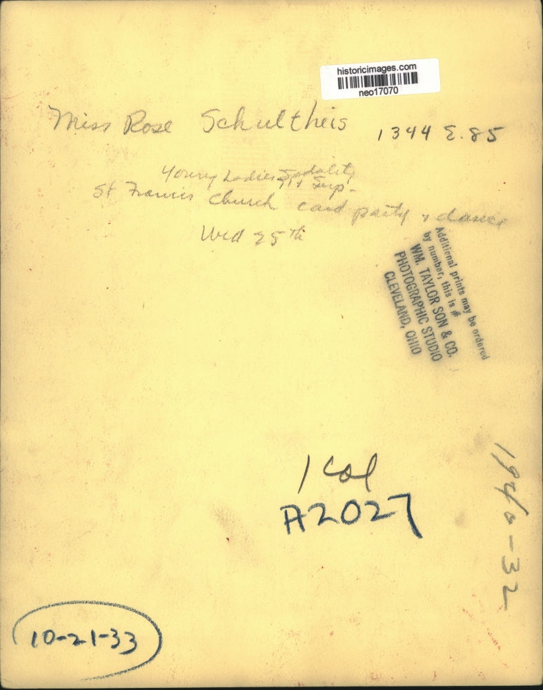1933 Press Photo Miss Rose Schultheis of Young Ladies Society Cleveland