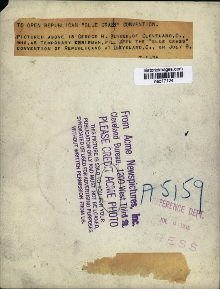 1935 Press Photo George H Bender at GOP convention in Cleveland Ohio - neo17124