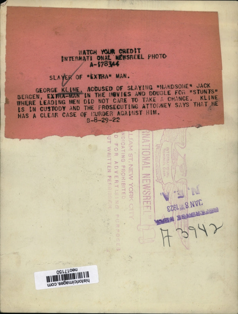 1922 Press Photo George Kline accused of slaying Handsome Jack Bergen