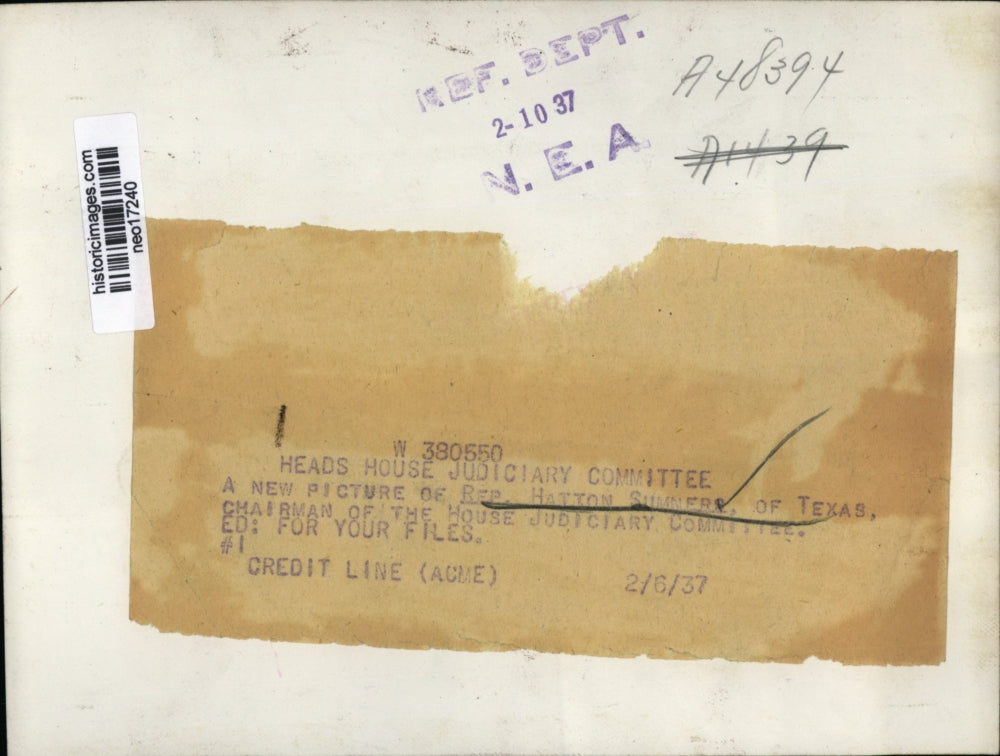 1937 Press Photo Texas Rep Hatton Sumners chair of House Judiciary Committee