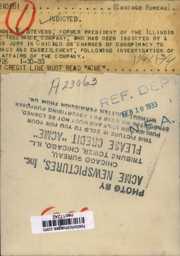 1933 Press Photo Raymond W Stevens Ill Insurance Co charged with embezzelment