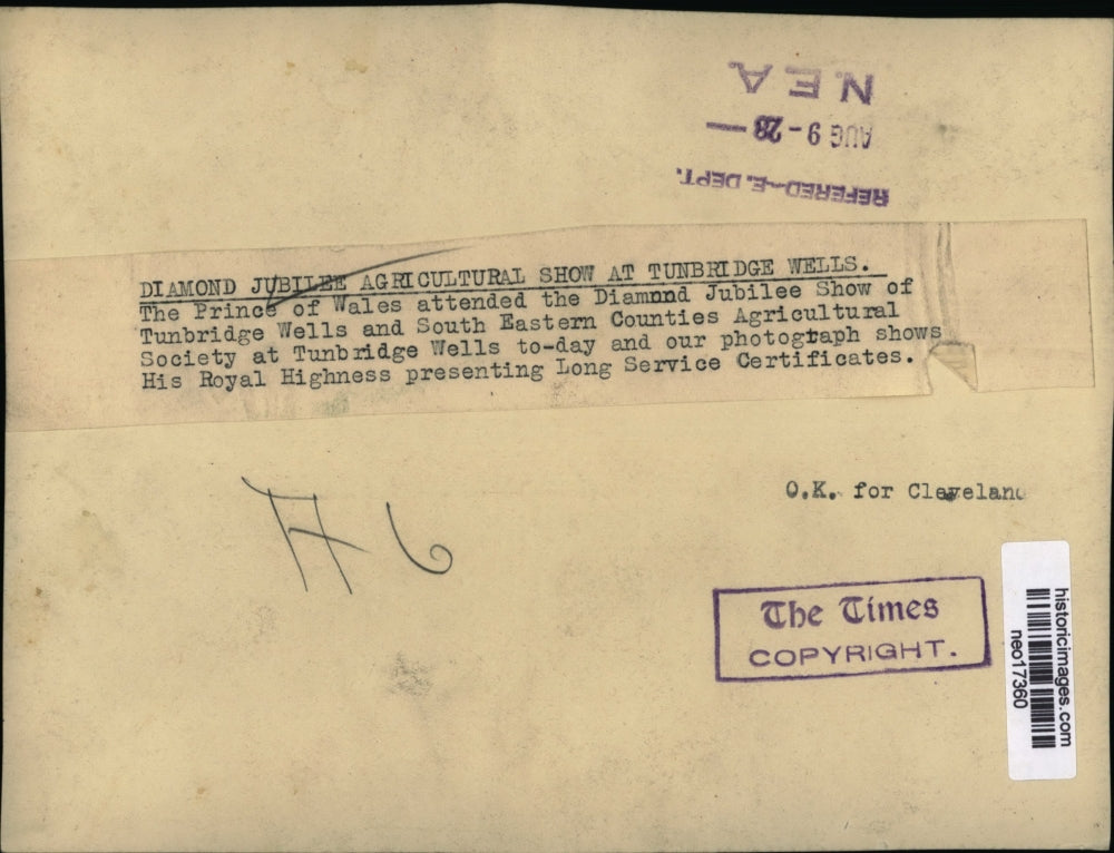 1928 Press Photo Prince of Wales Attends Diamond Jubilee Ag Show Tunbridge Wells