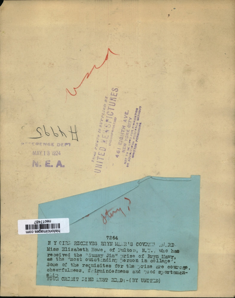 1924 Press Photo Elizabeth Howe received Sunny Jim Prize of Bryan Mawr