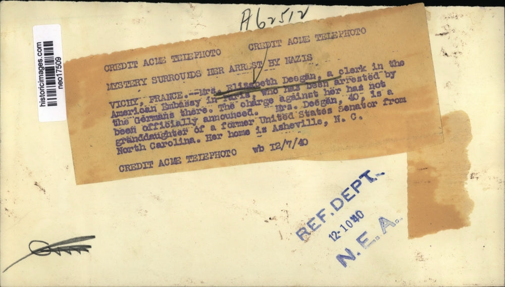 1940 Press Photo Mrs. Elizabeth Deagan arrested by Germans at American Embassy