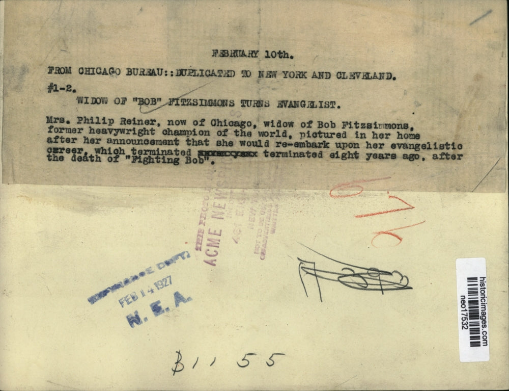 1927 Press Photo Evangelist Mrs. Philip Reiner, Widow of Bob Fitzsimmons