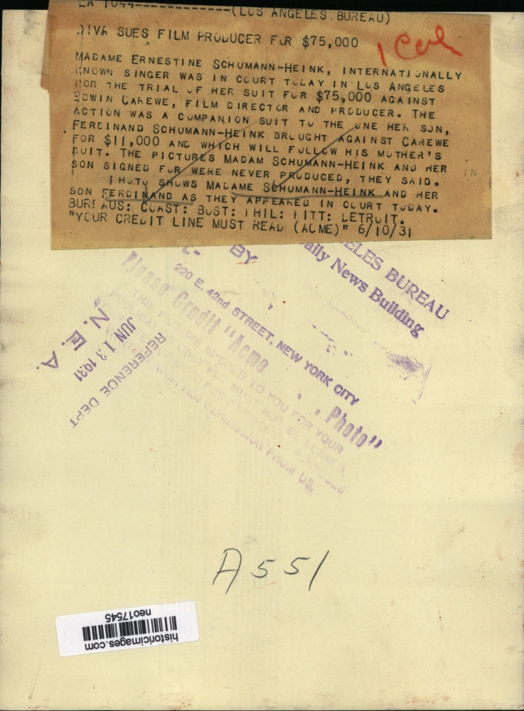 1931 Press Photo Madame Schumann-Heink & Son Ferdinand appear in court