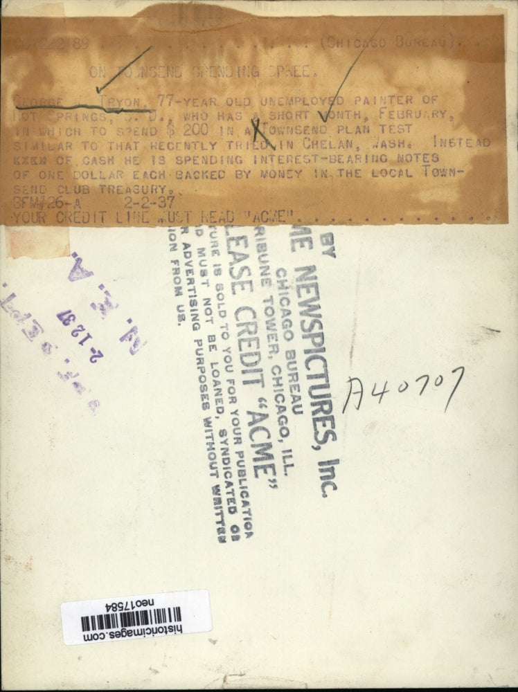 1937 Press Photo George Tryon, Townsend Pension Plan Test Subject - neo17584