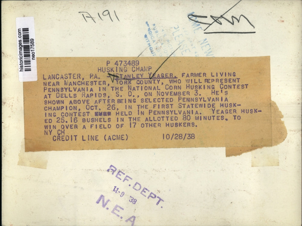 1938 Press Photo Stanley Yeager Represents Pennsylvania in Corn Husking Contest