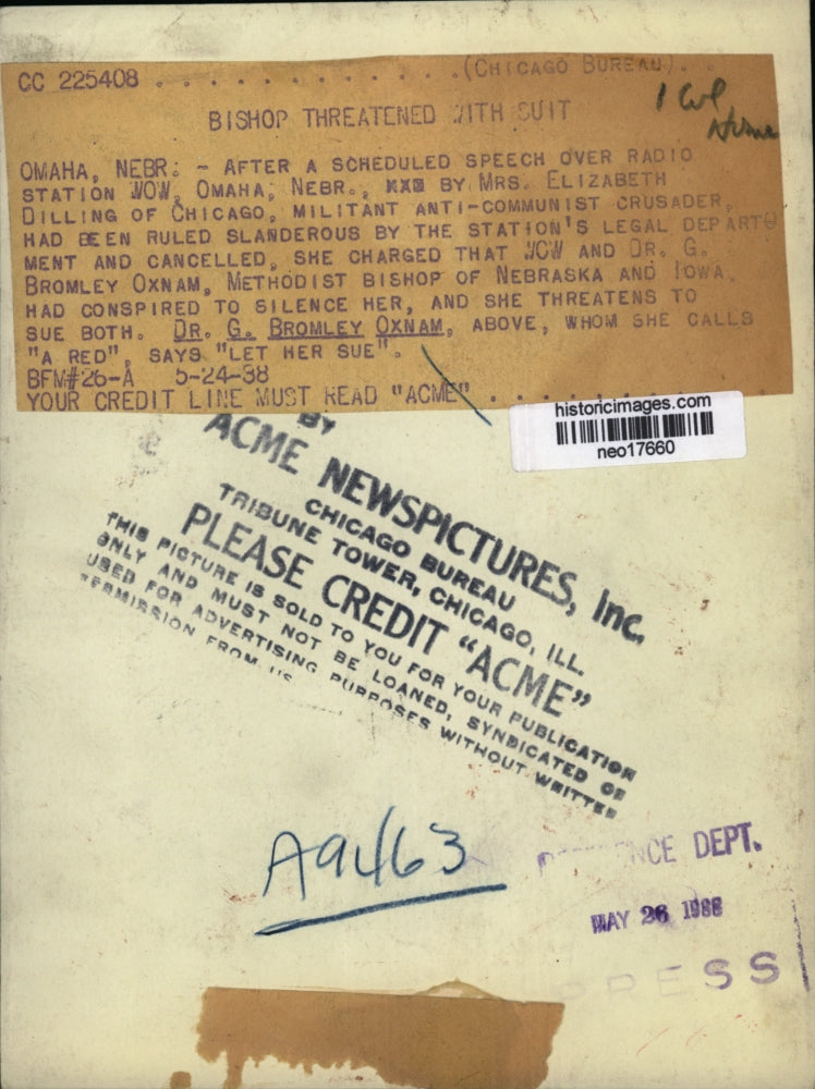 1938 Press Photo Dr. G. Bromley Oxman, Bishop Threatened by Elizabeth Dilling