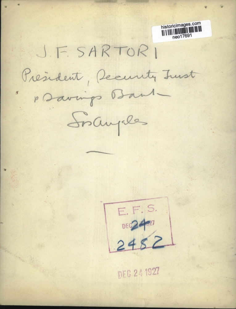1927 Press Photo J.F. Sartori, Pres of Security Trust and Savings Bank