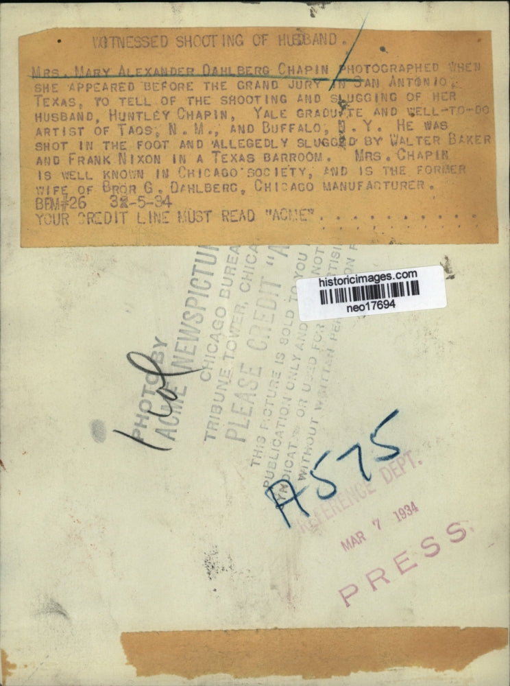 1934 Press Photo Mrs. Mary Alexander Oahlberg Chapin Testifies of Shot Husband