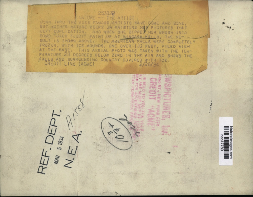 1934 Press Photo Aerial Photo of Frigid Niagara Falls - neo17780