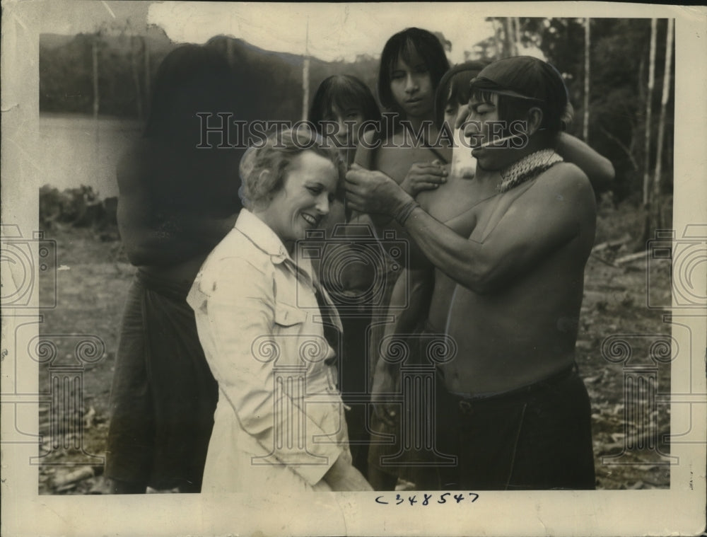 1936 Press Photo Mrs. Robert S. Platt, Has Lock of Hair Taken by Aguarana Indian- Historic Images