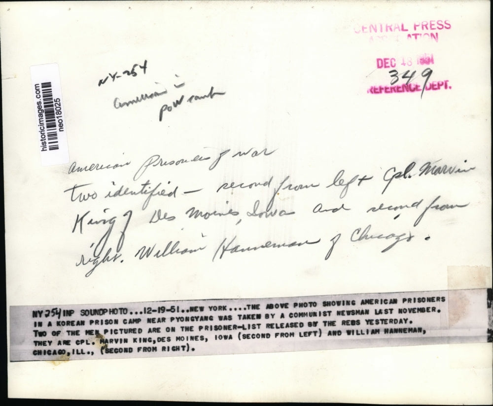 1951 Press Photo American Prisoners of War in Korean Camp Cpl. Marving King