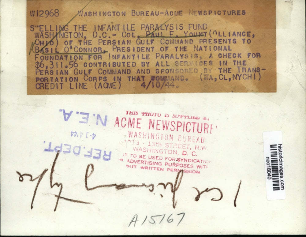 1944 Press Photo Col Paul F Yount Persian gulf Command & Basil OConor