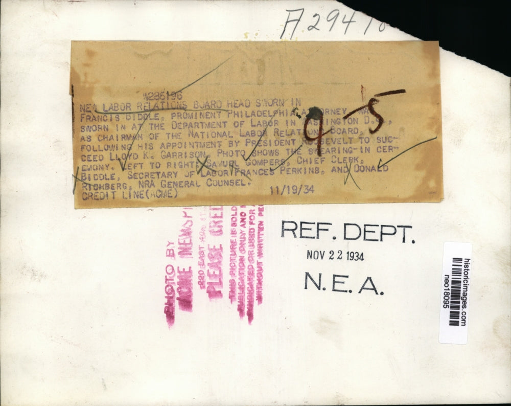 1934 Press Photo Labor Relations Board Head Sworn In Francis Biddle as Chairman