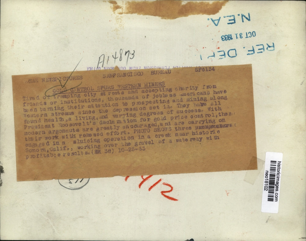 1933 Press Photo of Three Men Looking for Gold in a creek in Sonorn, California