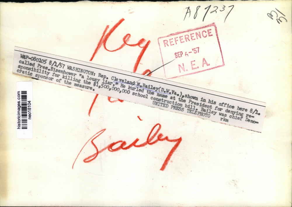 1957 Press Photo Rep C. Bailey Shown in His Office Called Eisenhower Lousy Liar